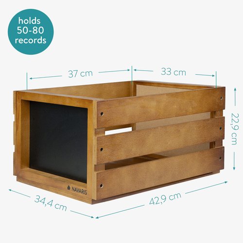 Navaris Wood Record Crate - Vinyl Album Storage Holder Box Wooden Case with Chalkboard Sign Board - Holds up to 80 LP Records - Dark Brown