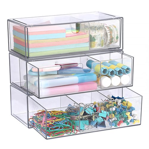 GUSHBIN Acrylic Pencil Drawer with Removable Dividers Clear Pull Out Pen Drawer Organizer Stackable Bathroom Organizer for Makeup, Cosmetics, Office Supplies,3 Pack