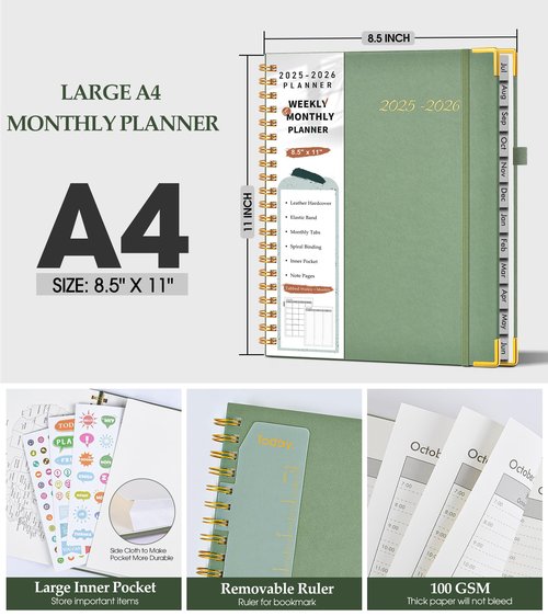 Academic Planner 2025-2026, Weekly and Monthly Calendar Planner from July 2025 - June 2026, 8.5" x 11" Hardcover Leather Hourly Appointment Book with Tabs, Spiral Daily Planners for College School Teacher Student, Green