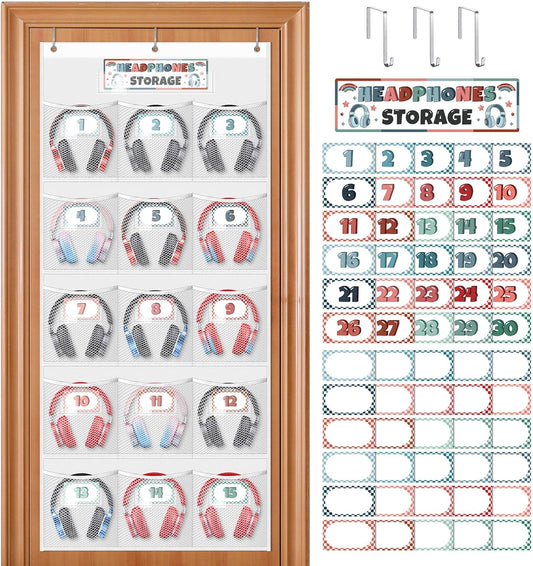 Skiennix Headphone Storage Organizer - 15 Durable Mesh Pockets for Classroom & Library | Includes 61 Cards & 3 Hooks