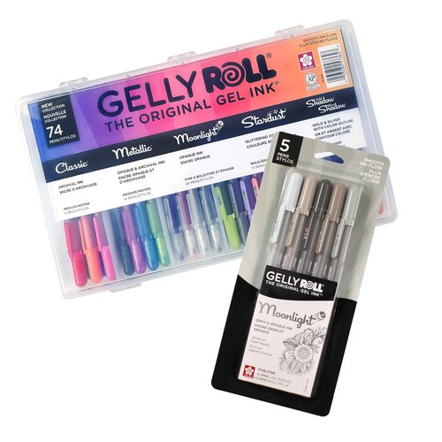 SAKURA Gelly Roll Gel Pens - Gift Set - Assorted Colored Ink with Special Effects - 74 Pack & Gelly Roll Moonlight 06 Gel Pens - Gray Ink - Fine Line - 5 Pack