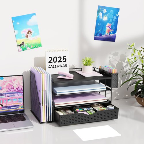 Wood Desk Organizers and Accessories with File Holder, 4-Tier Desk Accessories & Workspace Organizers with Drawer and Pen Holder, Paper Organizer for Office Supplies (Black)
