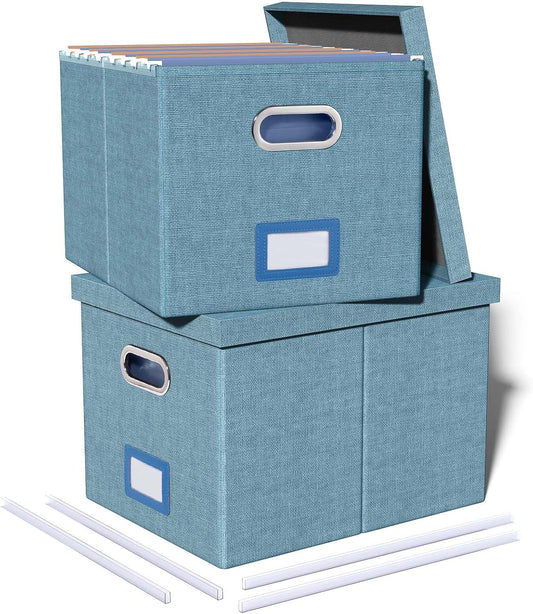 Skiennix File Storage Organizer - Portable Filing Box with Lid for Letter/Legal Documents | Dark Blue - 2 Pack