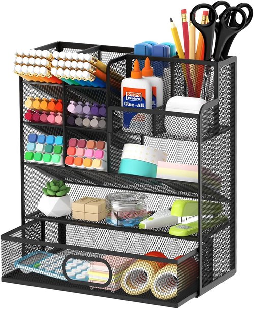 ReePlan Mesh Pen Organizer for Desk, Multi-Functional Pencil Holder with Drawer Desk Organizers, Large Capacity Storage for School Office Home Supplies