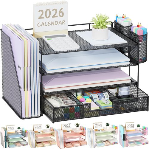 gianotter Desk Organizers and Accessories with File Holder, 4-Tier Desk Accessories & Workspace Organizers with Drawer and 2 Pen Holder, Paper Organizer for Office Supplies (Black)