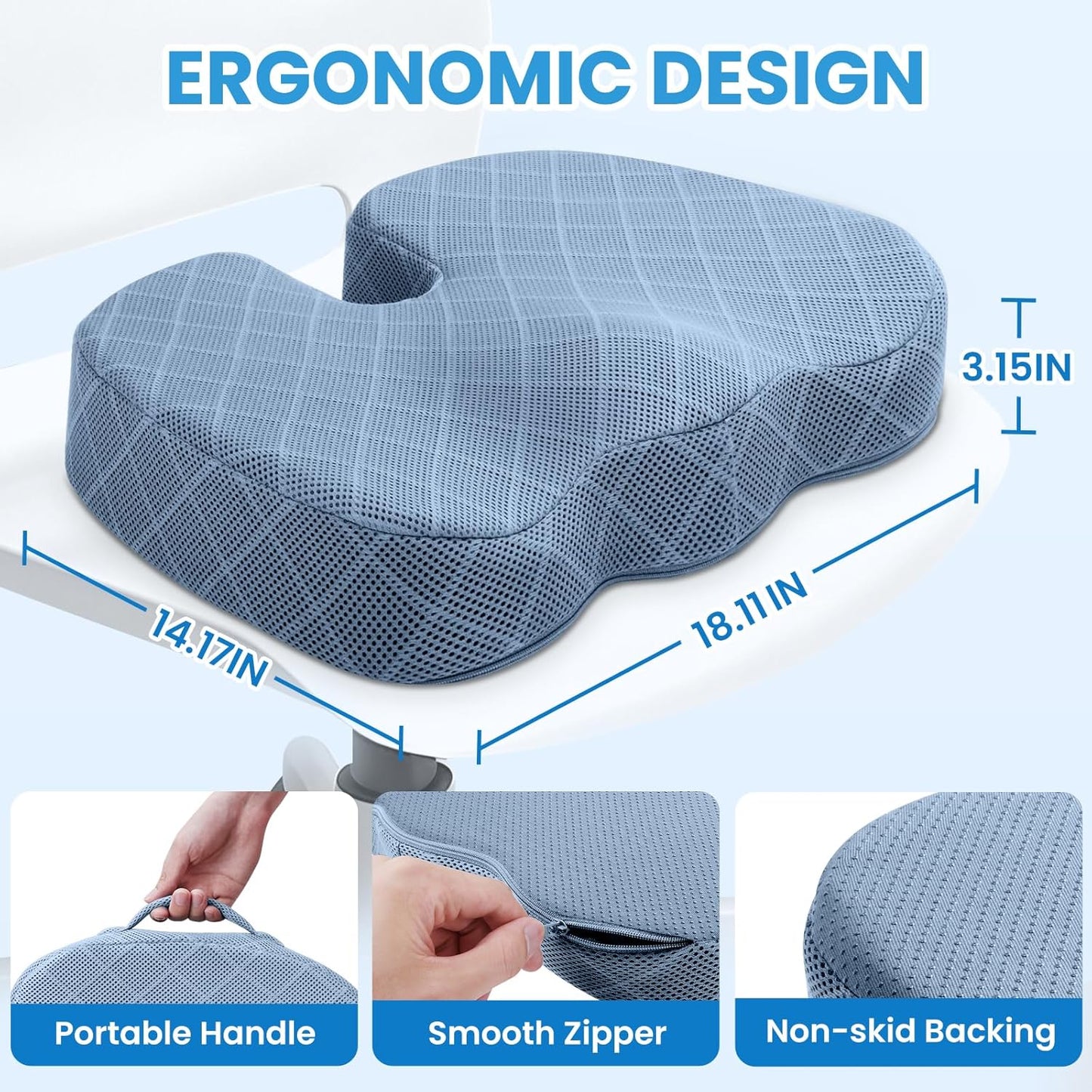 TushGuard Grey & Light Blue Seat Cushion - Ultimate Comfort for Long Hours of Sitting