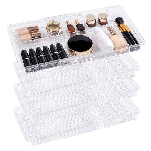 Oubonun Expandable Drawer Organizer 11.1” to 19.2” Width, Shallow Cosmetic Organizer 1.3” Height, 4 Packs, Clear Plastic Storage Trays for Dressing Table,Bathroom
