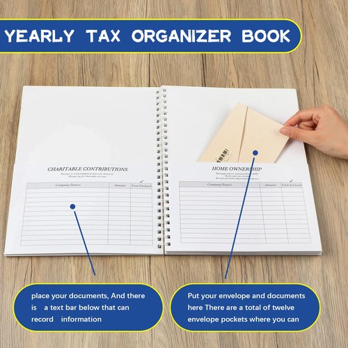 Faccito 2 Pack Yearly Tax Organizer 13"x9.7" Tax Record Organizer with 12 Pockets Spiral Bound Income Folders Monthly Bill Receipt for Home Office Taxes