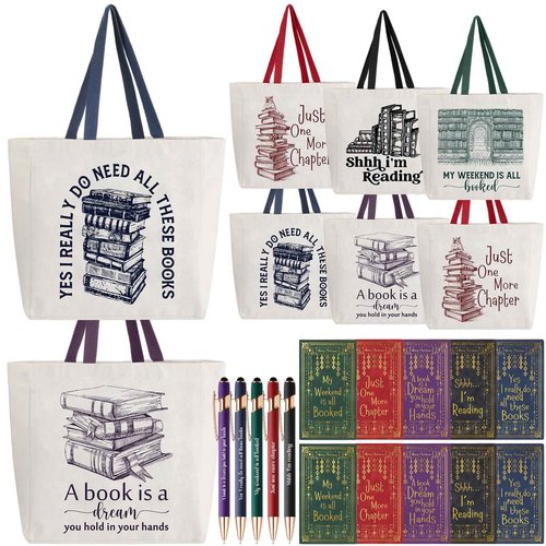 Fulmoon 10 Set Christmas Book Club Gifts Bulk Book Lovers Canvas Tote Bags with Notebooks Ballpoint Pens for Bookish Librarian Reader Women Gifts