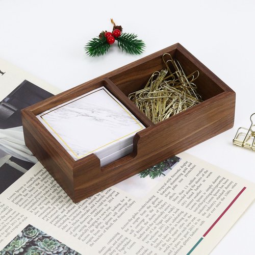 Buqoo Sticky Note Holder, 2 in1 Black Walnut Wood Self Stick Note Holder Memo Pad Holder Dispenser Organizer, Post It Note Dispenser Cube Holder for 3 x 3 pads for School Office Home Desk Accessories