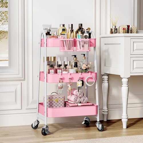 KINGRACK 3 Tier Metal Utility Rolling Cart, Rolling Storage Cart, Craft Art Cart with Handle and Locking Wheels & 2 Hanging Baskets 4 Hooks for Bathroom, Bedroom (Pure Pink with Basket and Hooks)