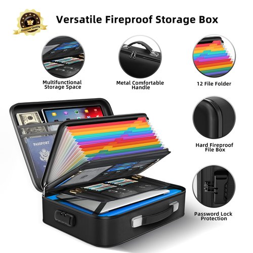 Fireproof Document Box - 8-Layer Hard Shell Fire Proof Safe for Home Documents, Water Resistant File Organizer for Desk Money, Safety Box for Passports Certificates Laptop