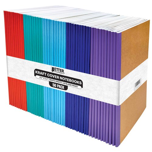 Kraft Notebooks with Colored Spines, 8.3 in x 5.5 in, A5 Size, 60 Unlined Blank White Pages, 80gsm, Assorted Vibrant Color Spines, by Better Office Products, Soft Cover Notebooks, Art Drawing