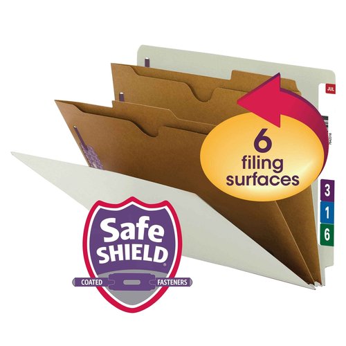 Smead 100% Recycled End Tab Classification File Folder with SafeSHIELD Fasteners, 2 Pocket-Style Dividers, 2" Expansion, Letter Size, Gray/Green, 10 per Box (26710)