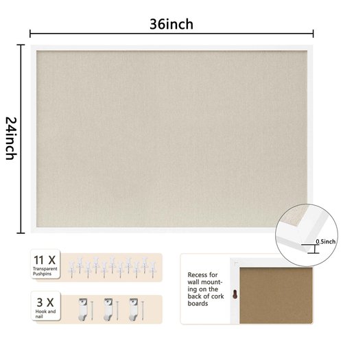 DAHAPYBOO Cork Board with Linen White,Bulletin Board 36"x24" Hanging Corkboards for Office Home School Message Board or Vision Board Decoration.