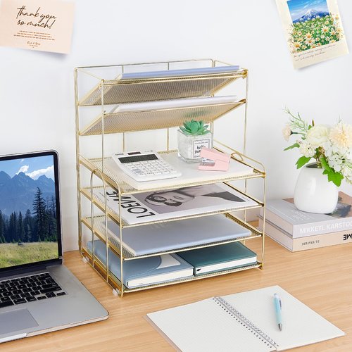 OPNICE 6-Tier Letter Tray Paper Organizer, Desk Organizers and Accessories, Desktop File Organizer, Office Desk Accessories for Office Supplies (Gold)
