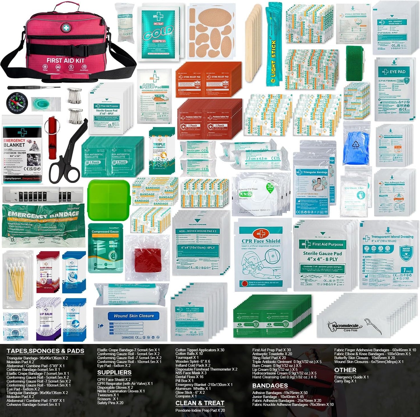 Skiennix Professional 435-Piece Large First Aid Kit - Comprehensive Emergency Medical Supplies for Home, Camping, Travel & More (Pink)