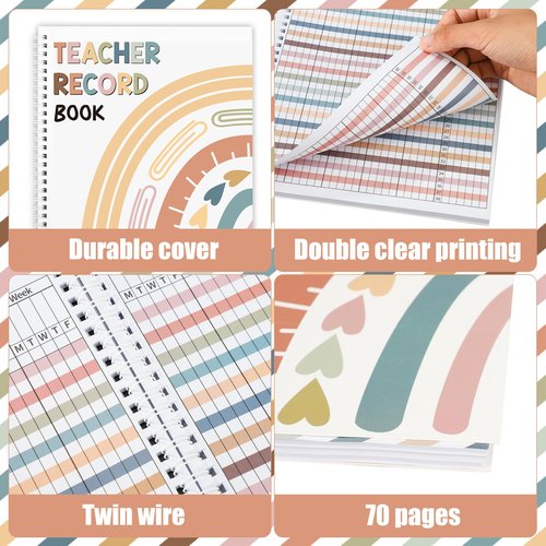 peony man Teacher Record Book Boho Teacher Grade Book Rainbow Spiral Bound Class Grade Book for Teachers Classroom Attendance Student Name School Office Favors Gifts Supplies, 8.5 x 11 Inch
