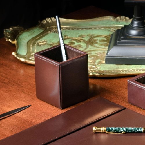 Dacasso Dark Brown Bonded Leather Pencil Cup Holder - Luxury Executive Decor and Office Accessory Desk Surface Protector
