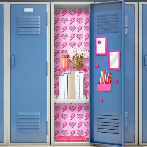 Pinkunn 16 Pcs Pink Preppy Style Locker Organizer Accessories Include Wallpaper Magnetic Whiteboard Mirror Dry Eraser Marker Rug Storage Organizing Shelf for Back to School Party(Lightning Heart)