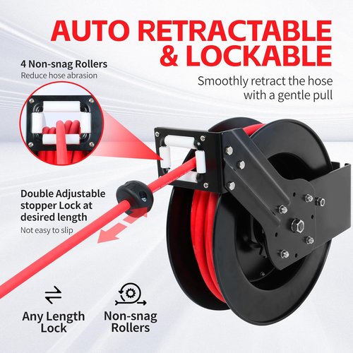 MaxWorks 50-Foot Retractable Air Hose Reel - 3/8" Heavy-Duty Rubber Hose, 250 PSI, Brass Fittings | Ideal for Garage & Workshop