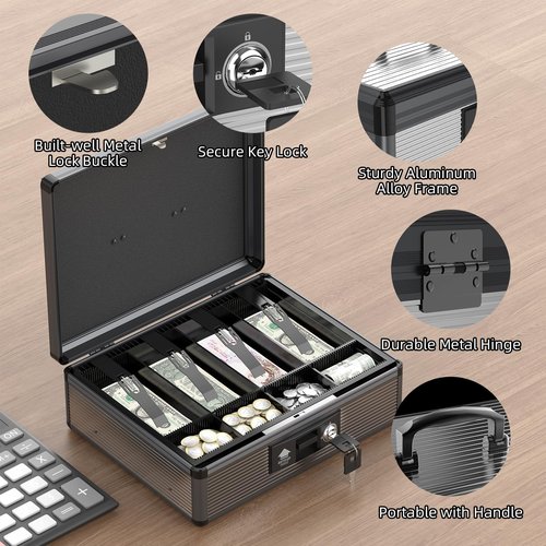 Lockbako Locking Cash Box with Money Tray and Key, Secure Money Safe Box for Cash, Portable Money Box with 2 Storage Spaces, Money Saving Organizer(Black, Extra Large)