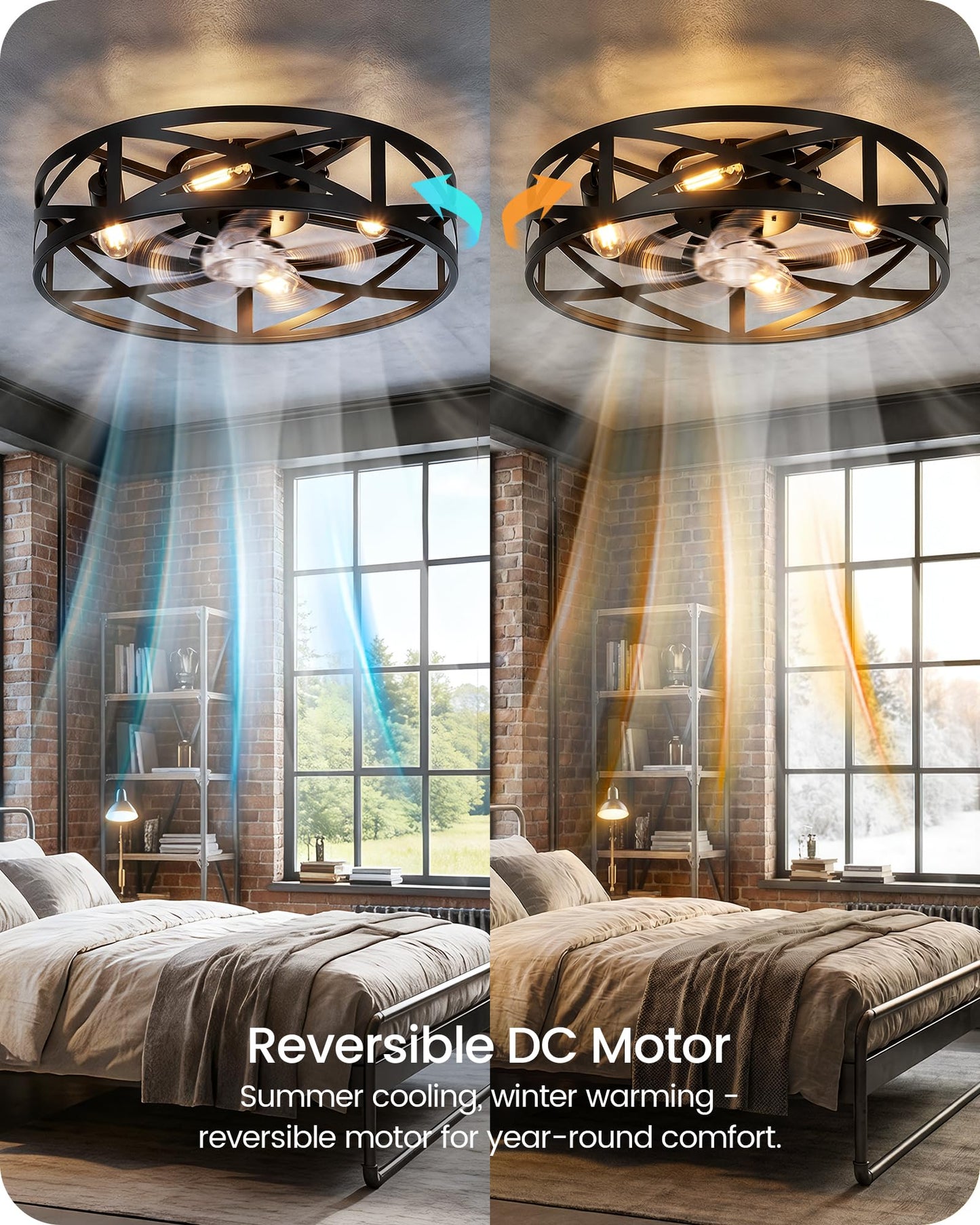 20" Farmhouse Flush Mount Ceiling Fan with Lights and Remote, Low Profile Caged Ceiling Fan Fandelier, 6 Speeds, Timer, Reversible DC Motor, Bladeless Ceiling Fan for Bedroom, Kitchen, Black B02CF05