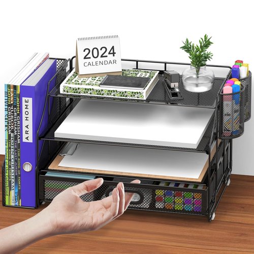 Turfson Desk Organizer with Drawer, Office Desktop File Paper Holder Organization 4-Tier Office Supplies Storage For Document Magazine 2 Pen Pencil Holder Caddy Rack For School Workspace