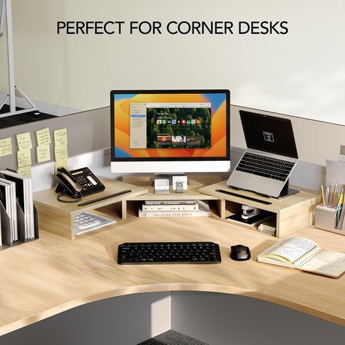 AMERIERGO Dual Monitor Stand Riser- 3 Shelf Screen Stand with Adjustable Length and Angle, 2 Extra Functional Slot Desktop Organizer Stand for PC, Computer, Laptop (Light Wood)