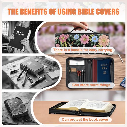 Leather Floral Bible Cover for Women & Girls - Portable Protective Bible Book Cover with Handles, Lightweight & Durable Bible Case with Zipper Closure, Very suitable for church use (black, large size)