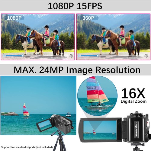 Kimire Full HD 1080P Video Camera Camcorder - 24MP, 16X Zoom, 3.0" LCD, 270° Rotation, 2 Batteries | Black
