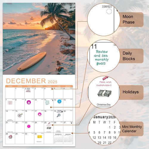 Gannyfer Calendar 2025-2026, July 2025 to December 2026, 18 Months Wall Calendar 2025-2026, Large Wall Calendar Size 12" x 24"（opened）, Perfect as Gifts for Friends, Family or Colleagues (Beaches)