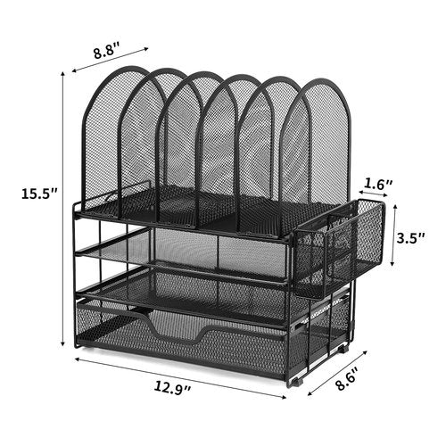 ORDROLL Desk Organizers and Accessories with Drawer, File Organizer with 5 Vertical File Holders and Pen Holders, Office Desk Accessories Workspace Desktop Organizers for Office Supplies (Black)