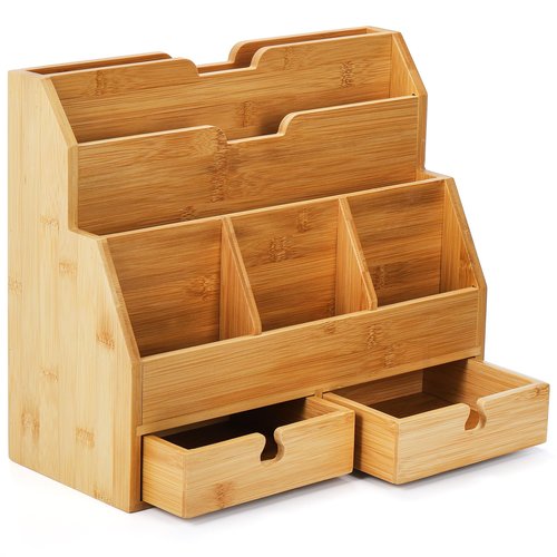 Youeon Bamboo Desk Mail Organizer with Drawers, Large Office Desk Organizer, Countertop Magazine File Holder, Desk Organizer and Sorter for File Letter Paper Office Supplies