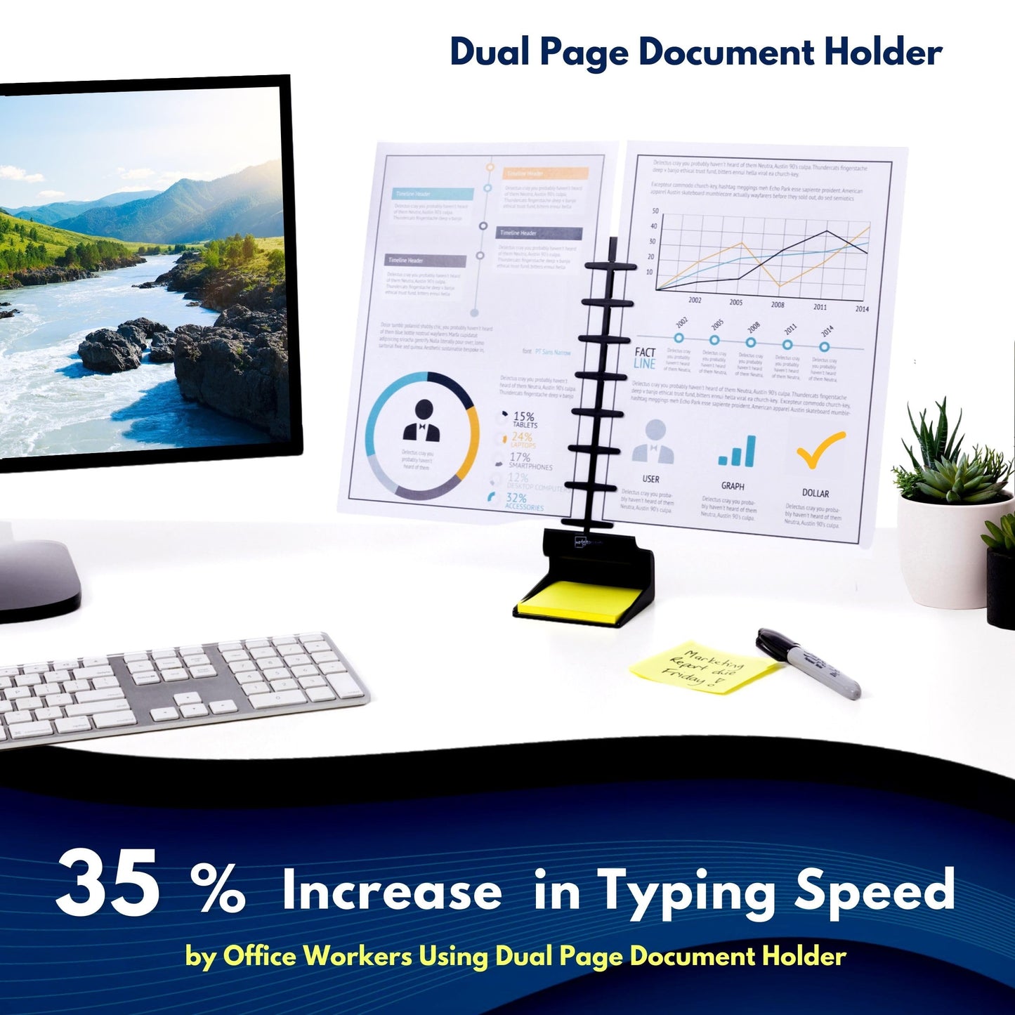 Note Tower Desktop Pro Dual Document Holder for Typing | Compact 2 Page Paper Holder Stand for Desk | Document Stand Holds Copy Paper, Photos & Post Notes | Dispenser includes 3x3 Sticky Notes | Black