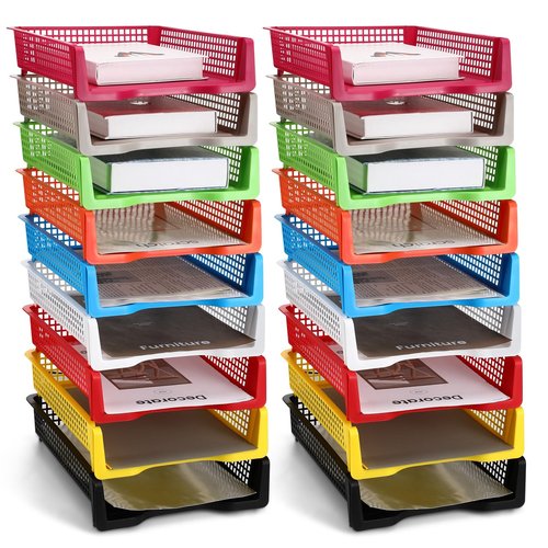 Kigley 18 Pcs Storage Tray Stackable Paper Tray Plastic Desk Letter Organizer Tray Colorful Office Desktop Document Paper Storage for Office Teacher Book Organization