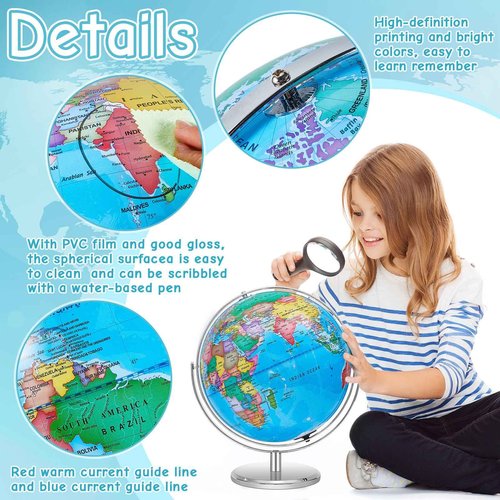 Amylove 13'' Illuminated World Globe for Adults 720°/360° Rotation Rewritable Light Up Globe with Stand World Map for Interactive Learning Light with Base Lamp LED Decor(Metal,Practical)