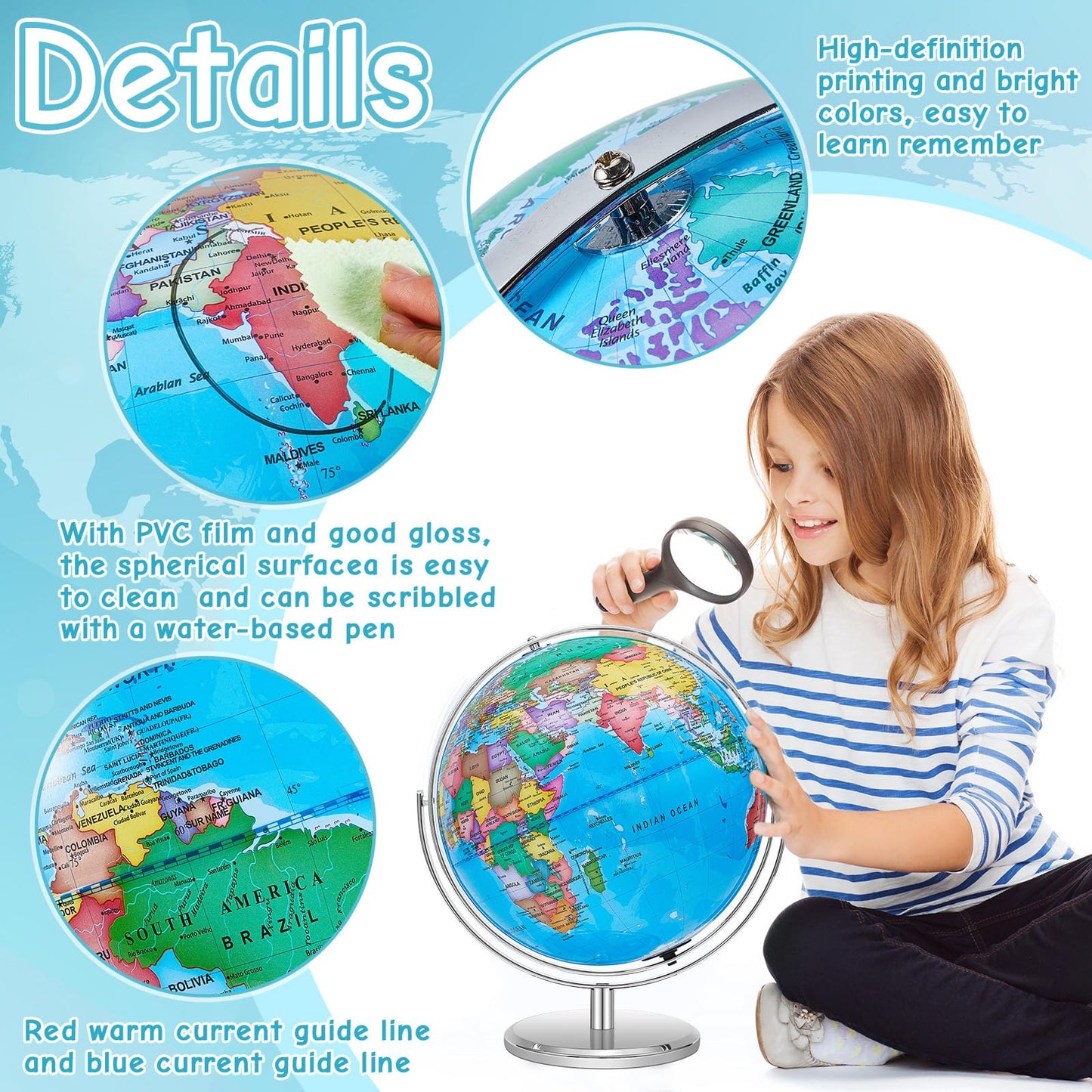 Amylove 13'' Illuminated World Globe for Adults 720°/360° Rotation Rewritable Kids Light-up Globe with Stand World Map for Interactive Learning Light with Base Lamp LED Decor(Metal,Practical)