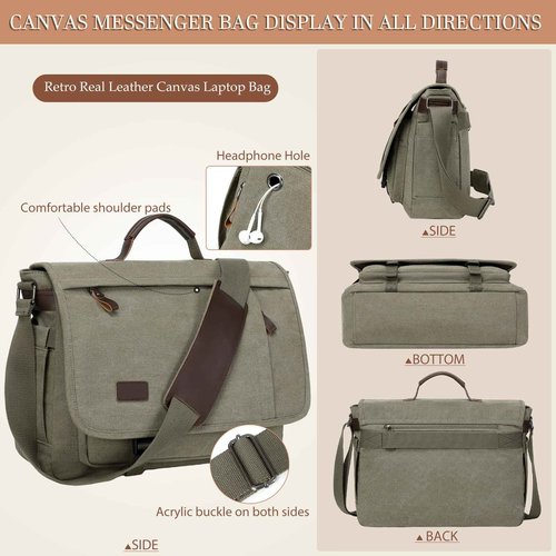 17.3 Inch Messenger Bag for Men: 2PCS Laptop Work PU Leather Canvas Briefcase Carry On Large Computer for Office College Travel (Green)