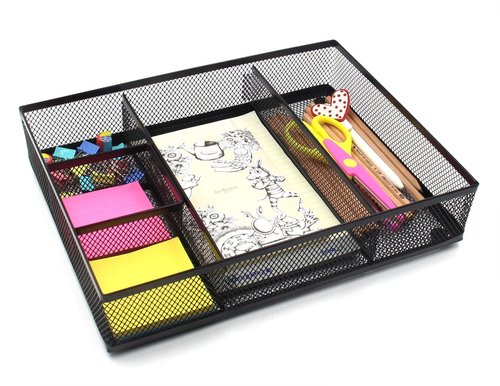 EasyAPG Desk Drawer Organizer with 5 Compartments, Metal Mesh Storage Tray with Anti-Slip Pads for Office, Kitchen, Bathroom - Black