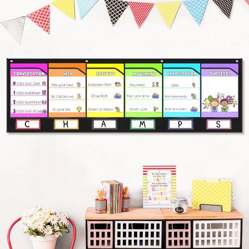 AKAYOK 6 Pockets Storage Pocket Chart for Classroom Small Group Management, Champs Chart, Poster, Photo Wall Display, Drawing, Classroom Organization and Storage (Black)