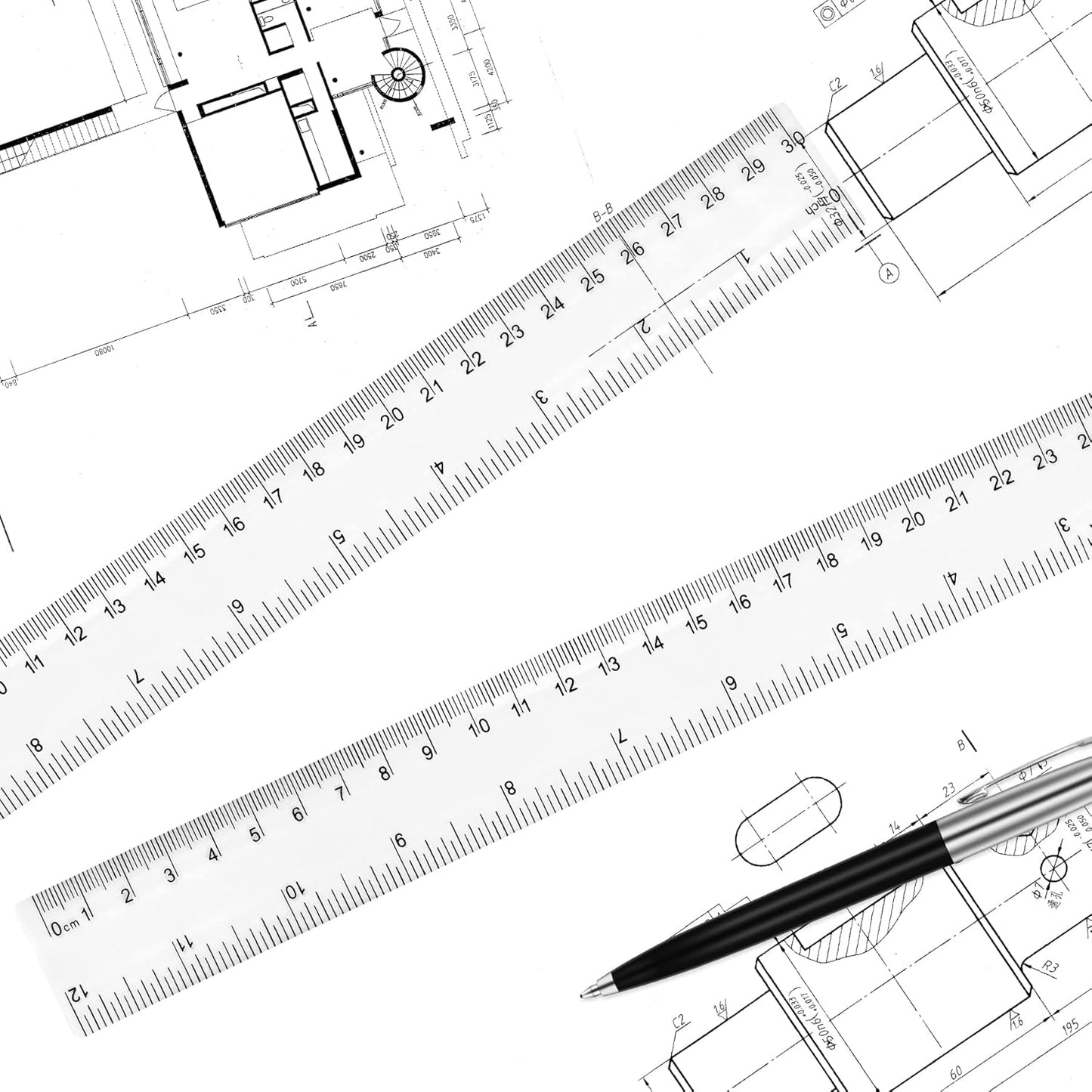 Unjoo 12-Inch Clear Plastic Ruler - Shatterproof Design with Inches & Centimeters | 2-Pack for School & Office