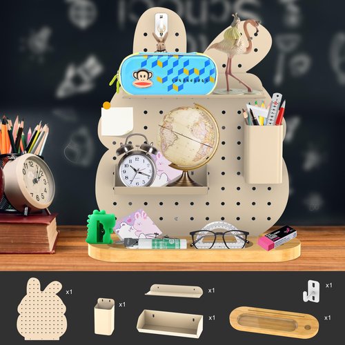 Solid wood base perforated board desk rack desktop shelf with perforated board hook set stationery art supplies storage suitable for office dormitory home desk storage rack (rabbit style 1 piece)