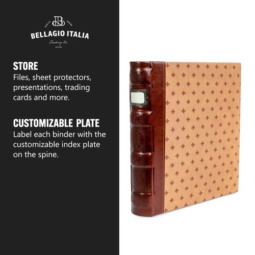 Bellagio-Italia 3-Ring 1" D Ring Binder, Tuscanny Faux Leather - for Documents, File Storage, and Trading Cards, Stores up to 250 Pages,Crimson