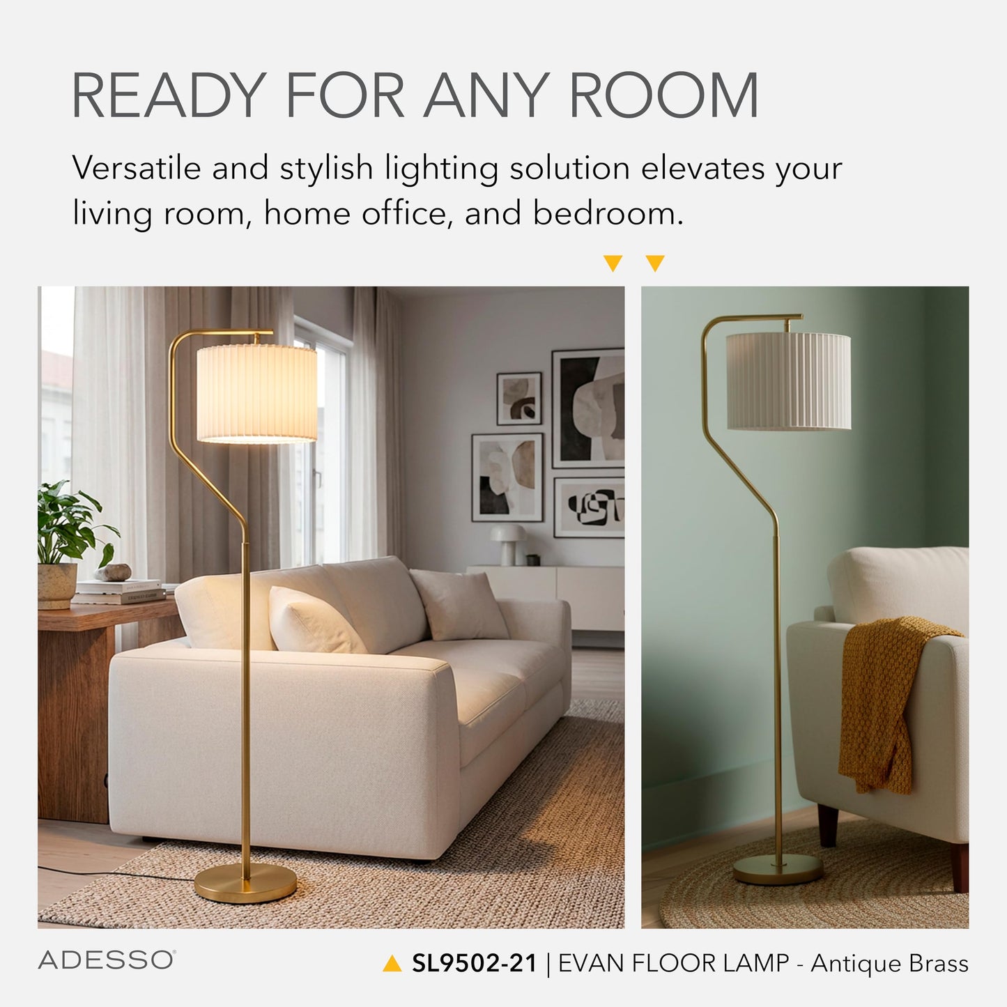 Adesso Antique Brass Floor Lamp with White Pleated Lampshade – 3-Way Modern Accent Light for Bedroom, Living Room, and House Décor, 60” Tall