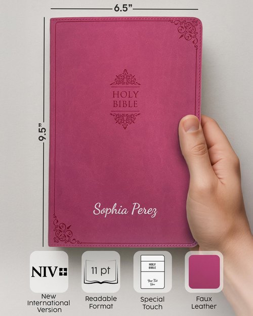 Personalized Gift Bible, NIV Value Thinline, Large Print, New International Version, Custom Gold or Silver Text, Pink