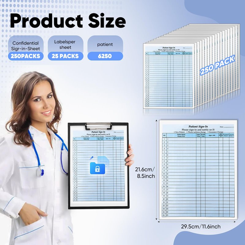 250 Pack Confidential Sign in Sheets 3 Part Patient Sign in Label Forms with Peel-Off Labels, HIPAA Compliant Carbonless 8.5 x 11 Inches Sheets for Doctor, Medical, Dental Office Use