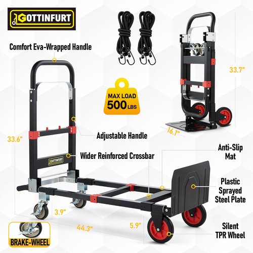 2025 Upgraded Convertible Hand Truck Dolly Heavy Duty, 3 in 1 Fodalble Cart 500 Lbs, Folding Hand Truck Dolly with Brake Wheels, Anti-Slip Strip & 2 Elastic Ropes for Luggage Office Home Use