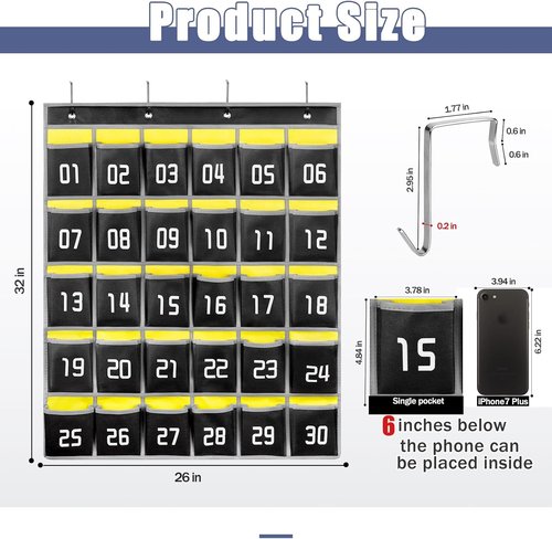 Loghot Classroom Pocket Chart - 30 Pocket Cell Phone Holder Organizer | Wall & Door Hanging - Black