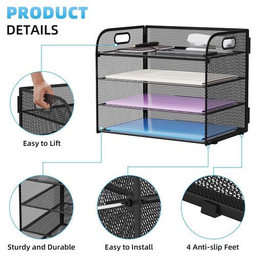 Marbrasse 4 Tier Paper Organizer Letter Tray - Mesh Desk File Organizer with Handle, Paper Sorter Organizer for Letter/A4 Office File Folder Holder (Black, 12.6" x 9.1" x 10.7")